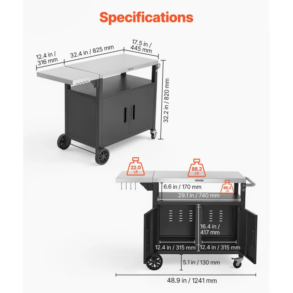 VEVOR Outdoor Grill Cart with Storage Cabinet, 48.9 Inch Grill Table, Waterproof Kitchen Island with Stainless Steel Top, Shelf, and Wheels, Movable Food Prep Station for Patio Bar Backyard BBQ