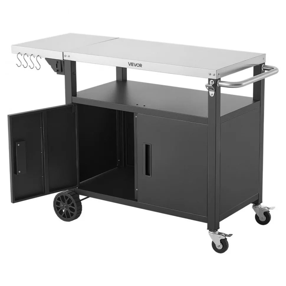 VEVOR Outdoor Grill Cart with Storage Cabinet, 48.9 Inch Grill Table, Waterproof Kitchen Island with Stainless Steel Top, Shelf, and Wheels, Movable Food Prep Station for Patio Bar Backyard BBQ