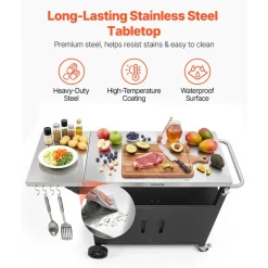 VEVOR Outdoor Grill Cart with Storage Cabinet, 48.9 Inch Grill Table, Waterproof Kitchen Island with Stainless Steel Top, Shelf, and Wheels, Movable Food Prep Station for Patio Bar Backyard BBQ