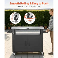 VEVOR Outdoor Grill Cart with Storage Cabinet, 53.1 Inch Grill Table, Waterproof Kitchen Island with Stainless Steel Top, Shelf, and Wheels, Movable Food Prep Station for Patio Bar Backyard BBQ
