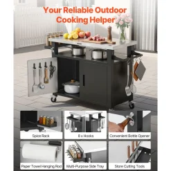 VEVOR Outdoor Grill Cart with Storage Cabinet, 53.1 Inch Grill Table, Waterproof Kitchen Island with Stainless Steel Top, Shelf, and Wheels, Movable Food Prep Station for Patio Bar Backyard BBQ
