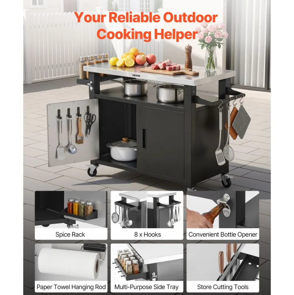 VEVOR Outdoor Grill Cart with Storage Cabinet, 53.1 Inch Grill Table, Waterproof Kitchen Island with Stainless Steel Top, Shelf, and Wheels, Movable Food Prep Station for Patio Bar Backyard BBQ