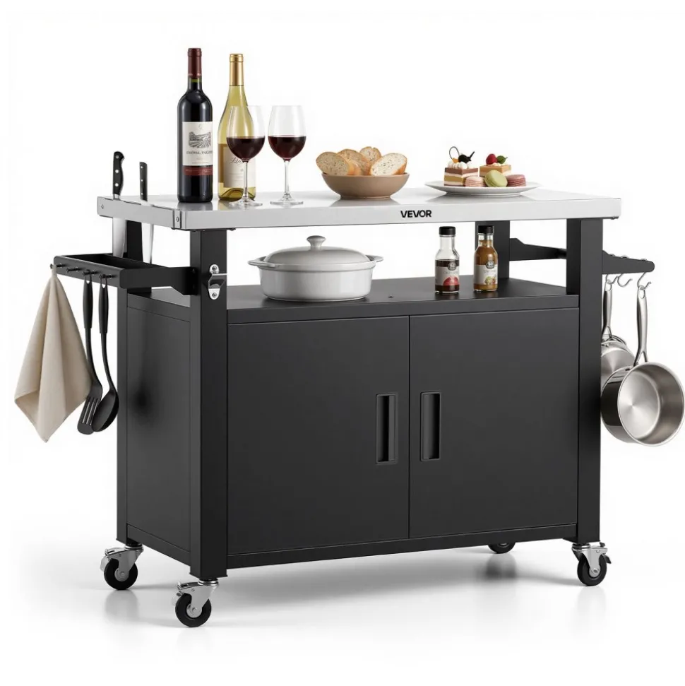 VEVOR Outdoor Grill Cart with Storage Cabinet, 53.1 Inch Grill Table, Waterproof Kitchen Island with Stainless Steel Top, Shelf, and Wheels, Movable Food Prep Station for Patio Bar Backyard BBQ