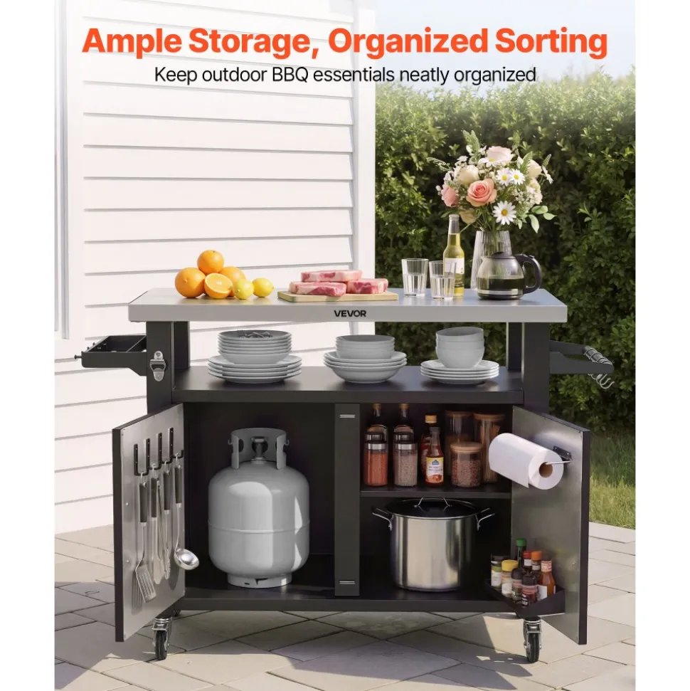 VEVOR Outdoor Grill Cart with Storage Cabinet, 53.1 Inch Grill Table, Waterproof Kitchen Island with Stainless Steel Top, Shelf, and Wheels, Movable Food Prep Station for Patio Bar Backyard BBQ