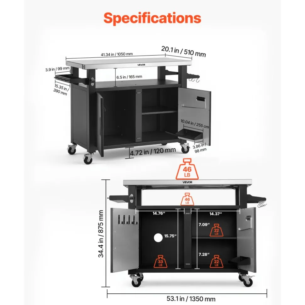 VEVOR Outdoor Grill Cart with Storage Cabinet, 53.1 Inch Grill Table, Waterproof Kitchen Island with Stainless Steel Top, Shelf, and Wheels, Movable Food Prep Station for Patio Bar Backyard BBQ