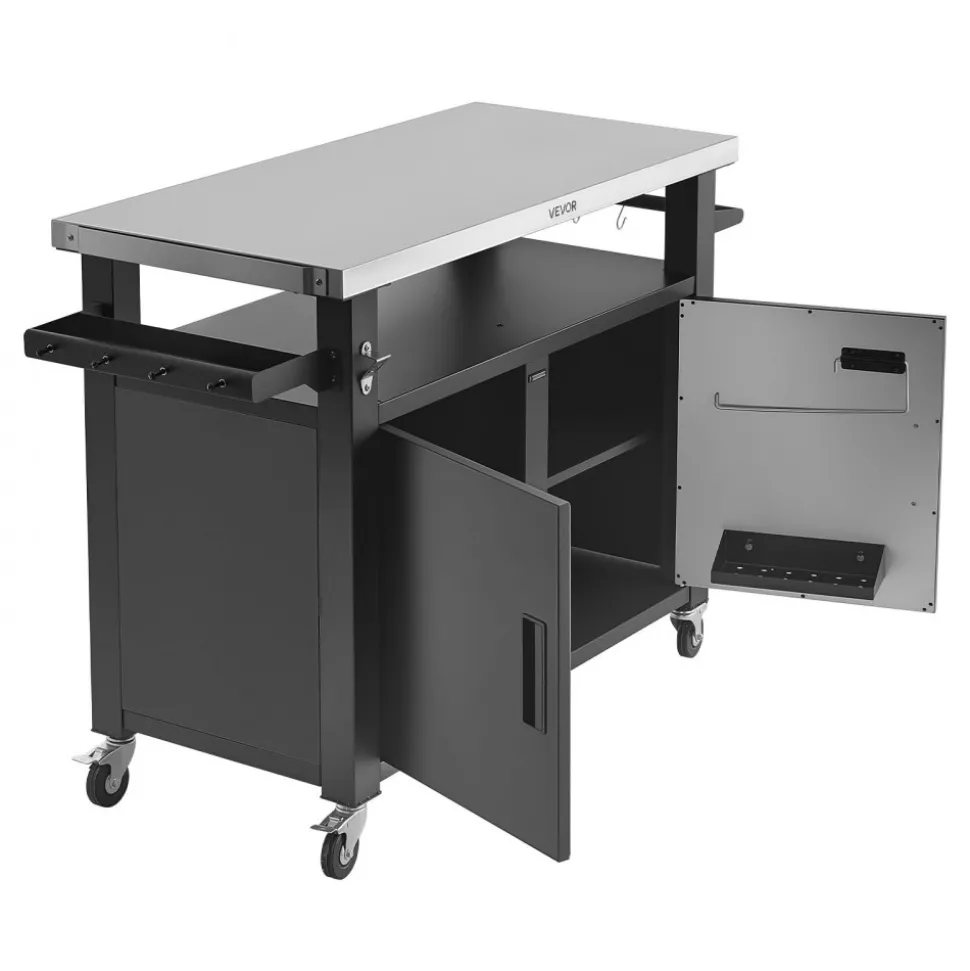 VEVOR Outdoor Grill Cart with Storage Cabinet, 53.1 Inch Grill Table, Waterproof Kitchen Island with Stainless Steel Top, Shelf, and Wheels, Movable Food Prep Station for Patio Bar Backyard BBQ
