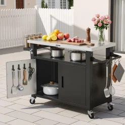 VEVOR Outdoor Grill Cart with Storage Cabinet, 53.1 Inch Grill Table, Waterproof Kitchen Island with Stainless Steel Top, Shelf, and Wheels, Movable Food Prep Station for Patio Bar Backyard BBQ