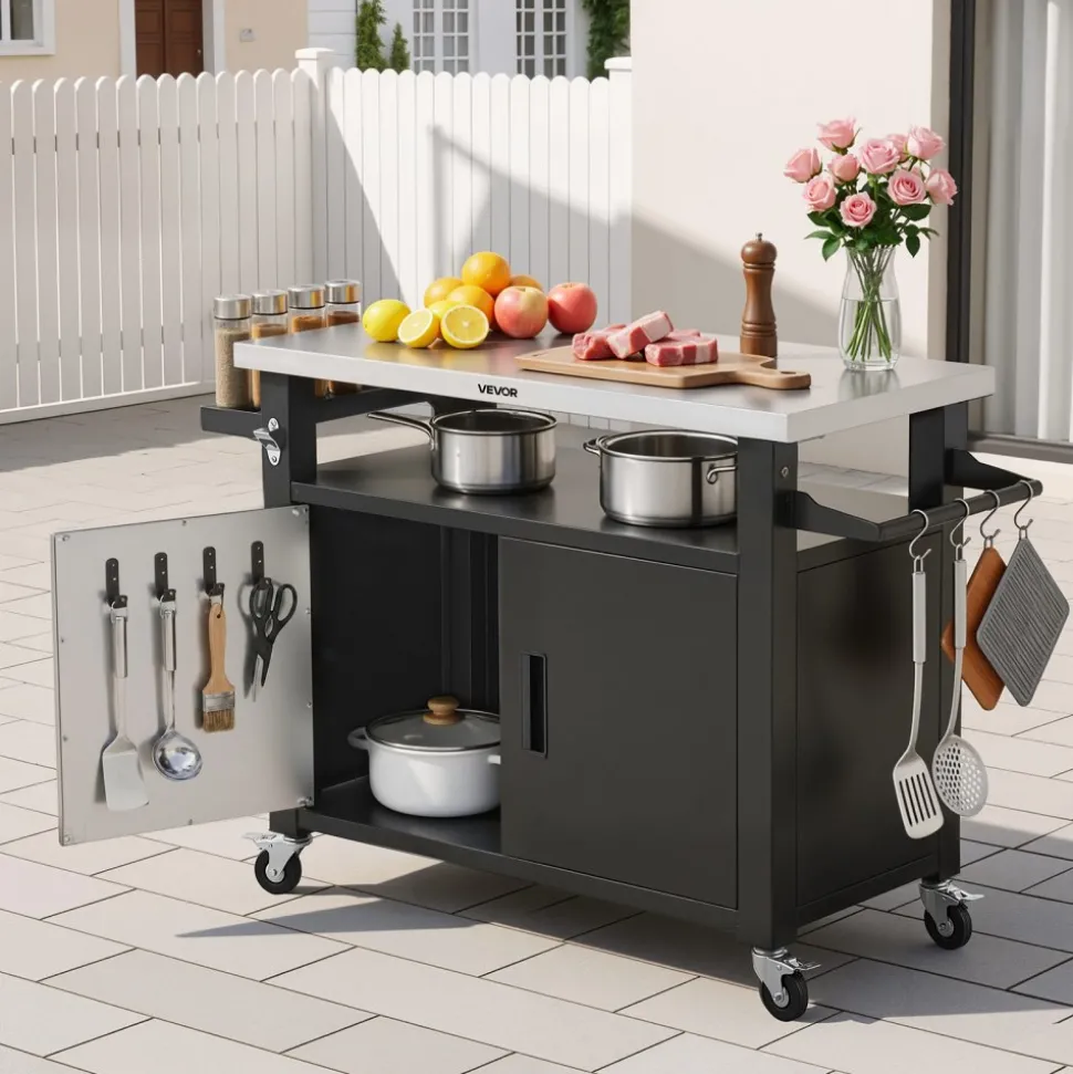 VEVOR Outdoor Grill Cart with Storage Cabinet, 53.1 Inch Grill Table, Waterproof Kitchen Island with Stainless Steel Top, Shelf, and Wheels, Movable Food Prep Station for Patio Bar Backyard BBQ