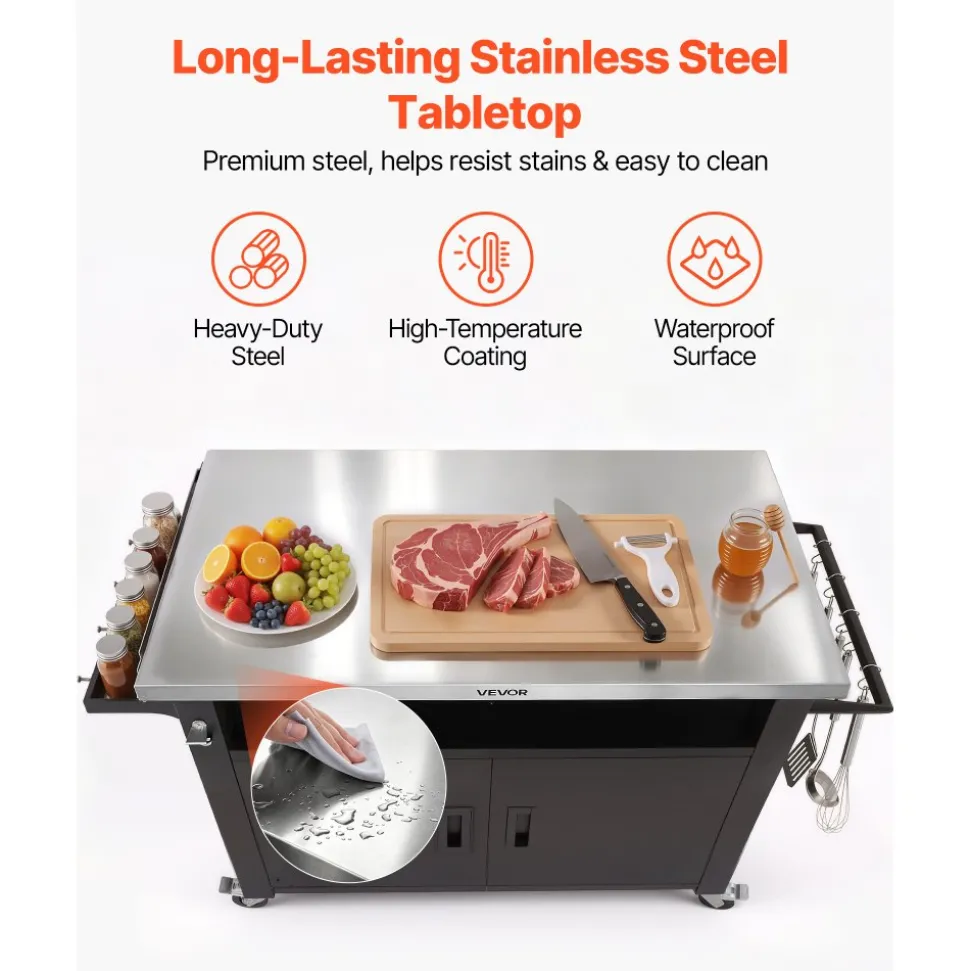 VEVOR Outdoor Grill Cart with Storage Cabinet, 53.1 Inch Grill Table, Waterproof Kitchen Island with Stainless Steel Top, Shelf, and Wheels, Movable Food Prep Station for Patio Bar Backyard BBQ