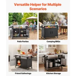 VEVOR Outdoor Grill Cart with Storage Cabinet, 53.1 Inch Grill Table, Waterproof Kitchen Island with Stainless Steel Top, Shelf, and Wheels, Movable Food Prep Station for Patio Bar Backyard BBQ