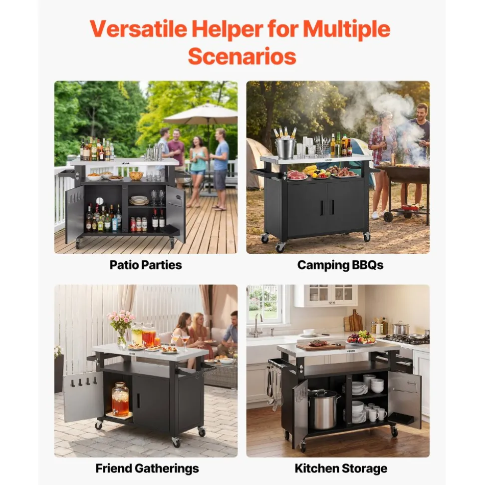VEVOR Outdoor Grill Cart with Storage Cabinet, 53.1 Inch Grill Table, Waterproof Kitchen Island with Stainless Steel Top, Shelf, and Wheels, Movable Food Prep Station for Patio Bar Backyard BBQ