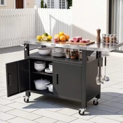 VEVOR Outdoor Grill Cart with Storage Cabinet, 36.4 Inch Grill Table, Waterproof Kitchen Island with Stainless Steel Top, Shelf, and Wheels, Movable Food Prep Station for Patio Bar Backyard BBQ
