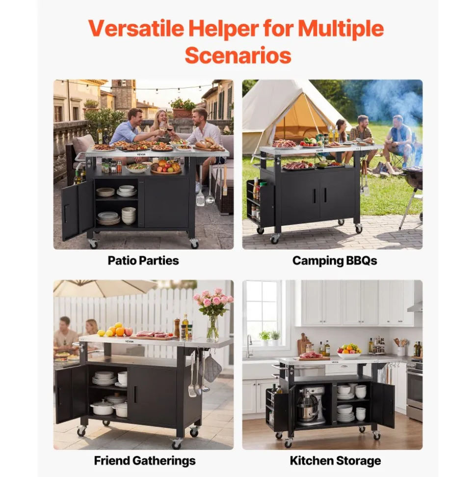 VEVOR Outdoor Grill Cart with Storage Cabinet, 36.4 Inch Grill Table, Waterproof Kitchen Island with Stainless Steel Top, Shelf, and Wheels, Movable Food Prep Station for Patio Bar Backyard BBQ