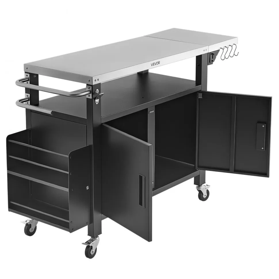 VEVOR Outdoor Grill Cart with Storage Cabinet, 36.4 Inch Grill Table, Waterproof Kitchen Island with Stainless Steel Top, Shelf, and Wheels, Movable Food Prep Station for Patio Bar Backyard BBQ