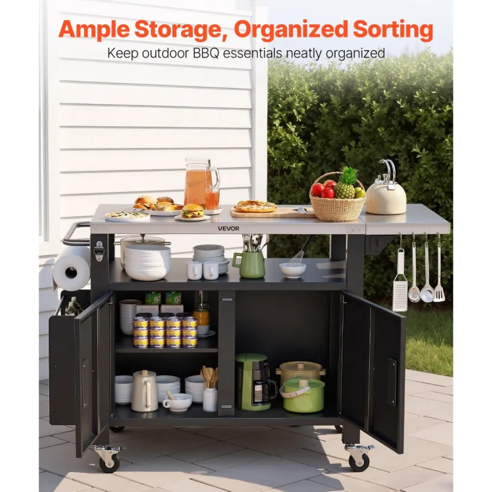 VEVOR Outdoor Grill Cart with Storage Cabinet, 36.4 Inch Grill Table, Waterproof Kitchen Island with Stainless Steel Top, Shelf, and Wheels, Movable Food Prep Station for Patio Bar Backyard BBQ