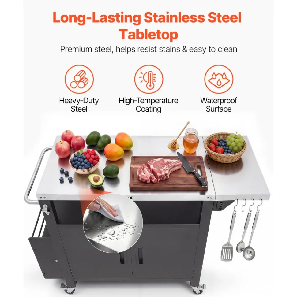 VEVOR Outdoor Grill Cart with Storage Cabinet, 36.4 Inch Grill Table, Waterproof Kitchen Island with Stainless Steel Top, Shelf, and Wheels, Movable Food Prep Station for Patio Bar Backyard BBQ