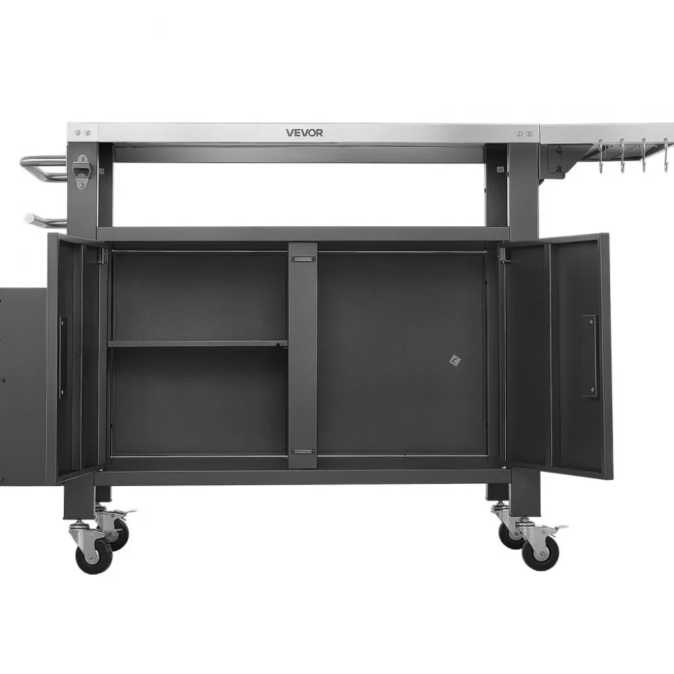 VEVOR Outdoor Grill Cart with Storage Cabinet, 36.4 Inch Grill Table, Waterproof Kitchen Island with Stainless Steel Top, Shelf, and Wheels, Movable Food Prep Station for Patio Bar Backyard BBQ