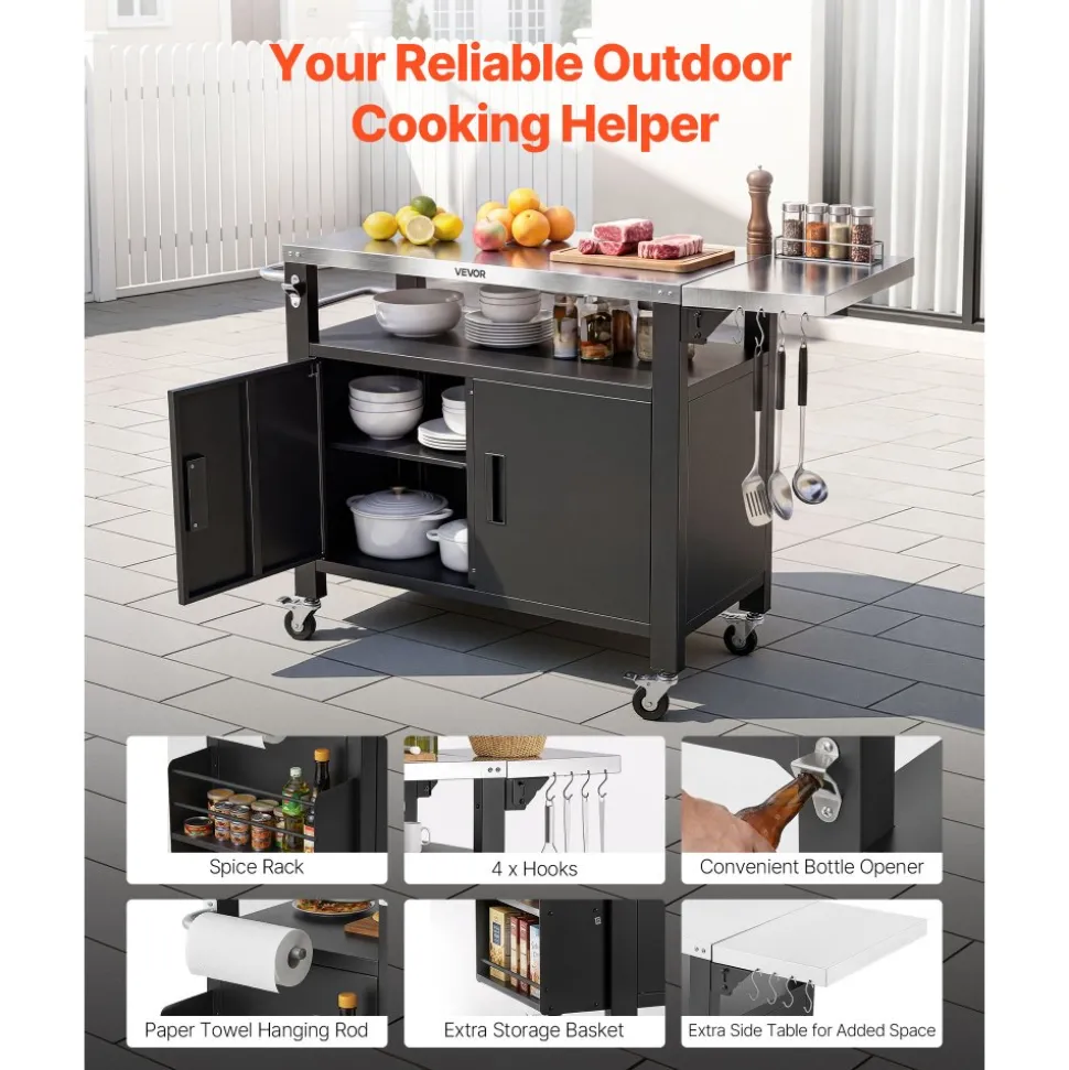 VEVOR Outdoor Grill Cart with Storage Cabinet, 36.4 Inch Grill Table, Waterproof Kitchen Island with Stainless Steel Top, Shelf, and Wheels, Movable Food Prep Station for Patio Bar Backyard BBQ