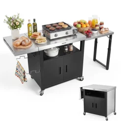 VEVOR Outdoor Grill Cart with Storage Cabinet, 74.8 Inch Grill Table, Waterproof Kitchen Island with Stainless Steel Top, Pull-Out Plate, Wheels, Movable Food Prep Station for Patio Bar Backyard BBQ