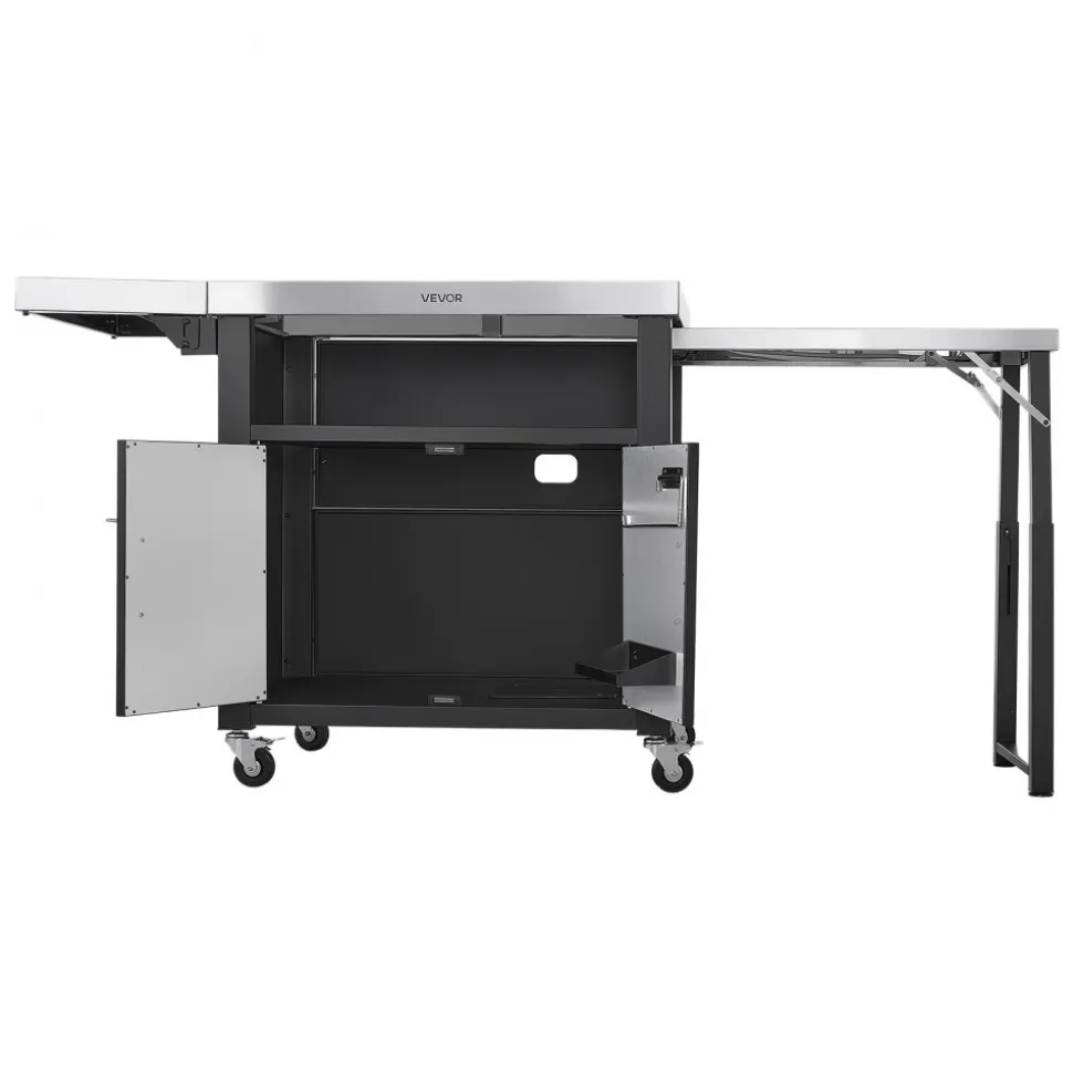 VEVOR Outdoor Grill Cart with Storage Cabinet, 74.8 Inch Grill Table, Waterproof Kitchen Island with Stainless Steel Top, Pull-Out Plate, Wheels, Movable Food Prep Station for Patio Bar Backyard BBQ