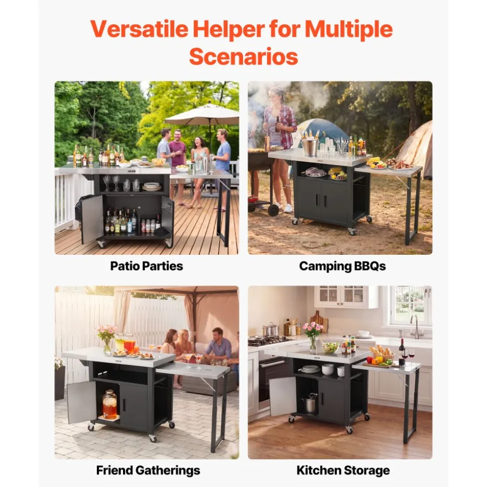VEVOR Outdoor Grill Cart with Storage Cabinet, 74.8 Inch Grill Table, Waterproof Kitchen Island with Stainless Steel Top, Pull-Out Plate, Wheels, Movable Food Prep Station for Patio Bar Backyard BBQ