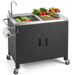 VEVOR Outdoor Grill Cart with Sink and Storage Cabinet, 38 Inch Grill Table, Waterproof Kitchen Island with Stainless Steel Top, Spice Rack, Wheel, Movable Food Prep Station for Patio Bar Backyard BBQ