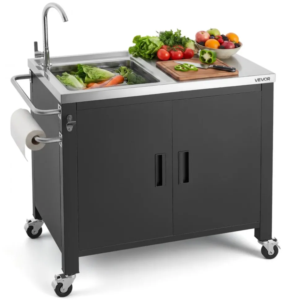 VEVOR Outdoor Grill Cart with Sink and Storage Cabinet, 38 Inch Grill Table, Waterproof Kitchen Island with Stainless Steel Top, Spice Rack, Wheel, Movable Food Prep Station for Patio Bar Backyard BBQ