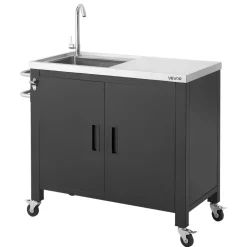 VEVOR Outdoor Grill Cart with Sink and Storage Cabinet, 38 Inch Grill Table, Waterproof Kitchen Island with Stainless Steel Top, Spice Rack, Wheel, Movable Food Prep Station for Patio Bar Backyard BBQ