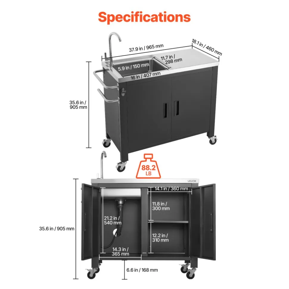 VEVOR Outdoor Grill Cart with Sink and Storage Cabinet, 38 Inch Grill Table, Waterproof Kitchen Island with Stainless Steel Top, Spice Rack, Wheel, Movable Food Prep Station for Patio Bar Backyard BBQ