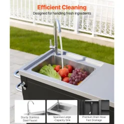 VEVOR Outdoor Grill Cart with Sink and Storage Cabinet, 38 Inch Grill Table, Waterproof Kitchen Island with Stainless Steel Top, Spice Rack, Wheel, Movable Food Prep Station for Patio Bar Backyard BBQ