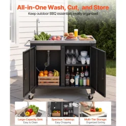 VEVOR Outdoor Grill Cart with Sink and Storage Cabinet, 38 Inch Grill Table, Waterproof Kitchen Island with Stainless Steel Top, Spice Rack, Wheel, Movable Food Prep Station for Patio Bar Backyard BBQ