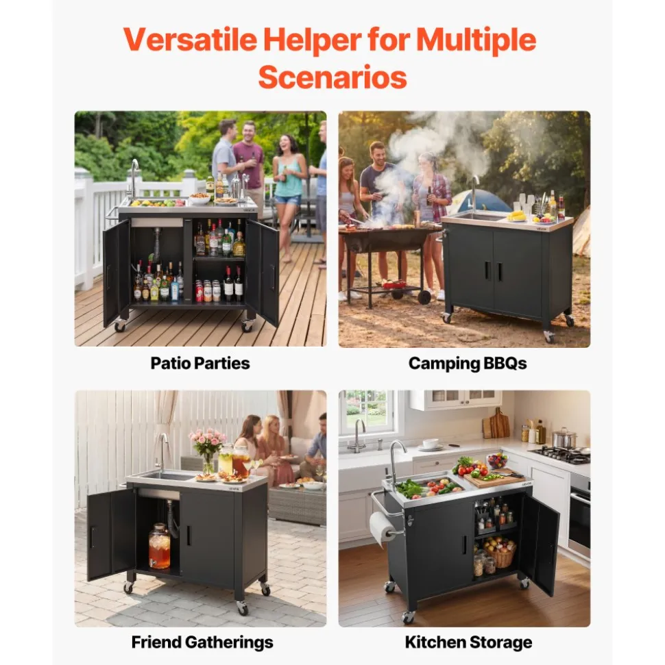VEVOR Outdoor Grill Cart with Sink and Storage Cabinet, 38 Inch Grill Table, Waterproof Kitchen Island with Stainless Steel Top, Spice Rack, Wheel, Movable Food Prep Station for Patio Bar Backyard BBQ