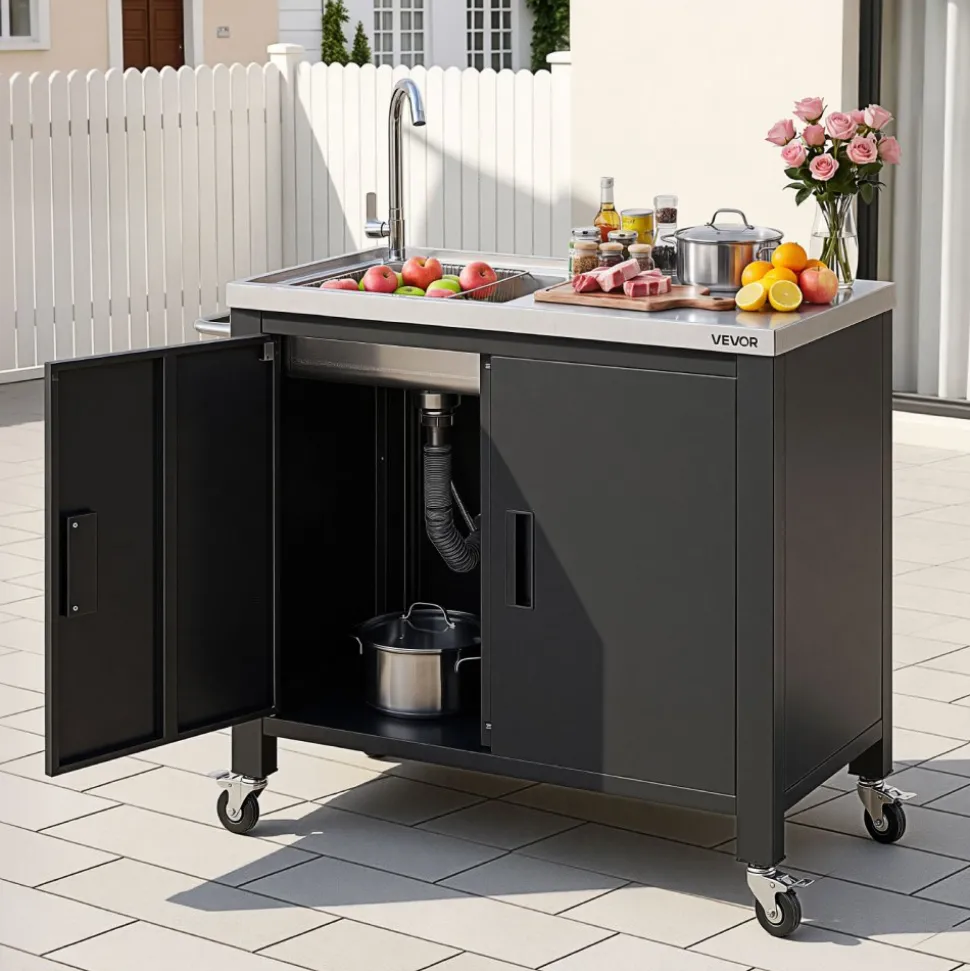 VEVOR Outdoor Grill Cart with Sink and Storage Cabinet, 38 Inch Grill Table, Waterproof Kitchen Island with Stainless Steel Top, Spice Rack, Wheel, Movable Food Prep Station for Patio Bar Backyard BBQ