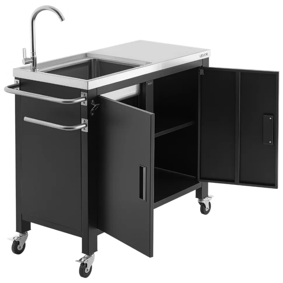 VEVOR Outdoor Grill Cart with Sink and Storage Cabinet, 38 Inch Grill Table, Waterproof Kitchen Island with Stainless Steel Top, Spice Rack, Wheel, Movable Food Prep Station for Patio Bar Backyard BBQ