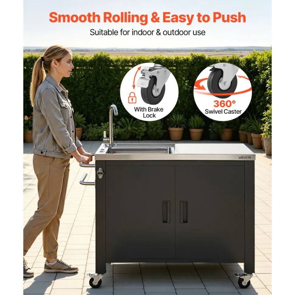 VEVOR Outdoor Grill Cart with Sink and Storage Cabinet, 38 Inch Grill Table, Waterproof Kitchen Island with Stainless Steel Top, Spice Rack, Wheel, Movable Food Prep Station for Patio Bar Backyard BBQ