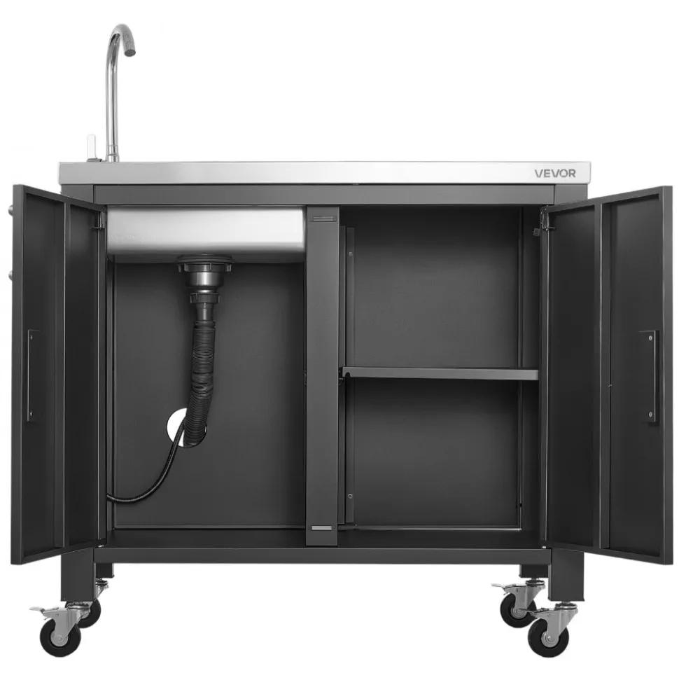 VEVOR Outdoor Grill Cart with Sink and Storage Cabinet, 38 Inch Grill Table, Waterproof Kitchen Island with Stainless Steel Top, Spice Rack, Wheel, Movable Food Prep Station for Patio Bar Backyard BBQ