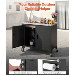 VEVOR Outdoor Grill Cart with Sink and Storage Cabinet, 38 Inch Grill Table, Waterproof Kitchen Island with Stainless Steel Top, Spice Rack, Wheel, Movable Food Prep Station for Patio Bar Backyard BBQ