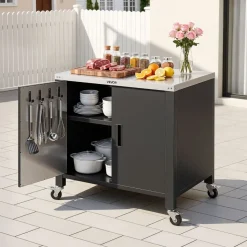 VEVOR Outdoor Grill Cart with Storage Cabinet, 40 Inch Grill Table, Waterproof Kitchen Island with Stainless Steel Top, Spice Rack, and Wheels, Movable Food Prep Station for Patio Bar Backyard BBQ