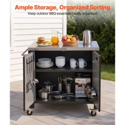 VEVOR Outdoor Grill Cart with Storage Cabinet, 40 Inch Grill Table, Waterproof Kitchen Island with Stainless Steel Top, Spice Rack, and Wheels, Movable Food Prep Station for Patio Bar Backyard BBQ