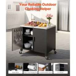 VEVOR Outdoor Grill Cart with Storage Cabinet, 40 Inch Grill Table, Waterproof Kitchen Island with Stainless Steel Top, Spice Rack, and Wheels, Movable Food Prep Station for Patio Bar Backyard BBQ