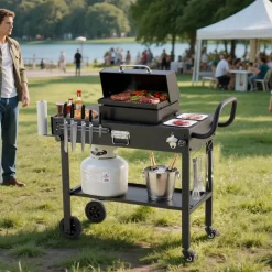 VEVOR Outdoor Grill Cart, 31.0 x 17.0 inch Tabletop Size Grilling Table, Foldable Outdoor Cooking Table with Tissue Holder, Wheels, Magnetic Tool Rack, BBQ Prep Tables for Picnic, Kitchen, Courtyard