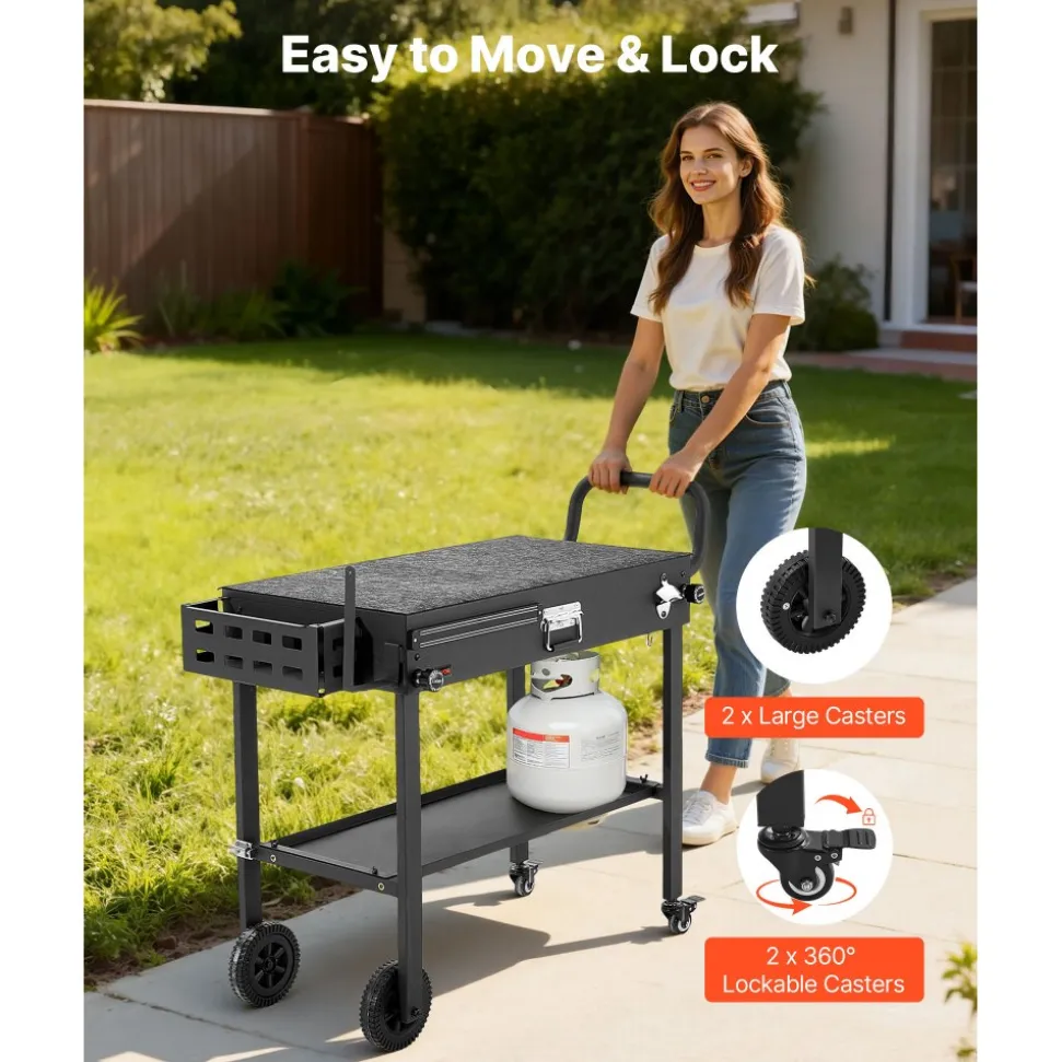 VEVOR Outdoor Grill Cart, 31.0 x 17.0 inch Tabletop Size Grilling Table, Foldable Outdoor Cooking Table with Tissue Holder, Wheels, Magnetic Tool Rack, BBQ Prep Tables for Picnic, Kitchen, Courtyard