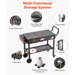 VEVOR Outdoor Grill Cart, 31.0 x 17.0 inch Tabletop Size Grilling Table, Foldable Outdoor Cooking Table with Tissue Holder, Wheels, Magnetic Tool Rack, BBQ Prep Tables for Picnic, Kitchen, Courtyard