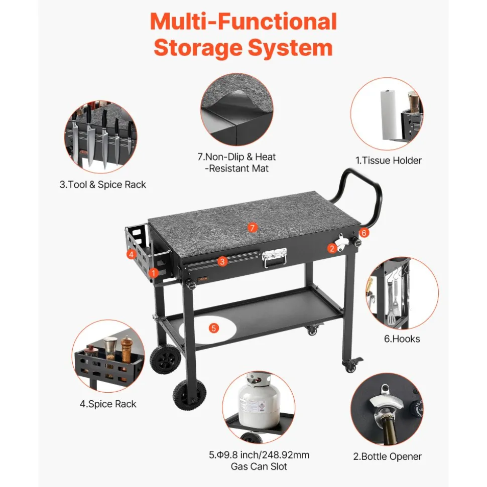 VEVOR Outdoor Grill Cart, 31.0 x 17.0 inch Tabletop Size Grilling Table, Foldable Outdoor Cooking Table with Tissue Holder, Wheels, Magnetic Tool Rack, BBQ Prep Tables for Picnic, Kitchen, Courtyard