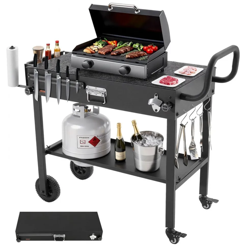 VEVOR Outdoor Grill Cart, 31.0 x 17.0 inch Tabletop Size Grilling Table, Foldable Outdoor Cooking Table with Tissue Holder, Wheels, Magnetic Tool Rack, BBQ Prep Tables for Picnic, Kitchen, Courtyard