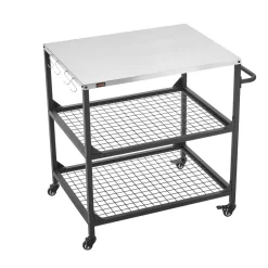 VEVOR Outdoor Grill Cart, 31.5 x 24.0 inch Stainless Steel Tabletop Size Grilling Table, Outdoor Cooking Table with 4 Wheels & Side Handle, Two Mesh Shelves, BBQ Prep Tables for Patio, Garden
