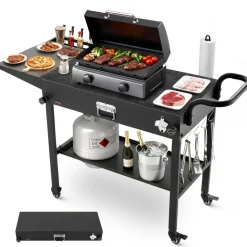 VEVOR Outdoor Grill Cart, 31.0 x 17.0 inch Tabletop Size Grilling Table, Foldable Outdoor Cooking Table with Tissue Holder, Hooks, Wheels, Side Table, BBQ Prep Tables for Picnic, Kitchen, Courtyard