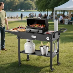 VEVOR Outdoor Grill Cart, 31.0 x 17.0 inch Tabletop Size Grilling Table, Foldable Outdoor Cooking Table with Tissue Holder, Hooks, Wheels, Side Table, BBQ Prep Tables for Picnic, Kitchen, Courtyard