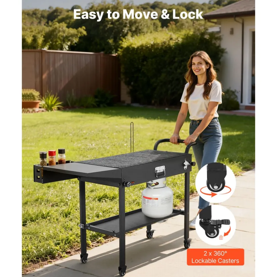 VEVOR Outdoor Grill Cart, 31.0 x 17.0 inch Tabletop Size Grilling Table, Foldable Outdoor Cooking Table with Tissue Holder, Hooks, Wheels, Side Table, BBQ Prep Tables for Picnic, Kitchen, Courtyard