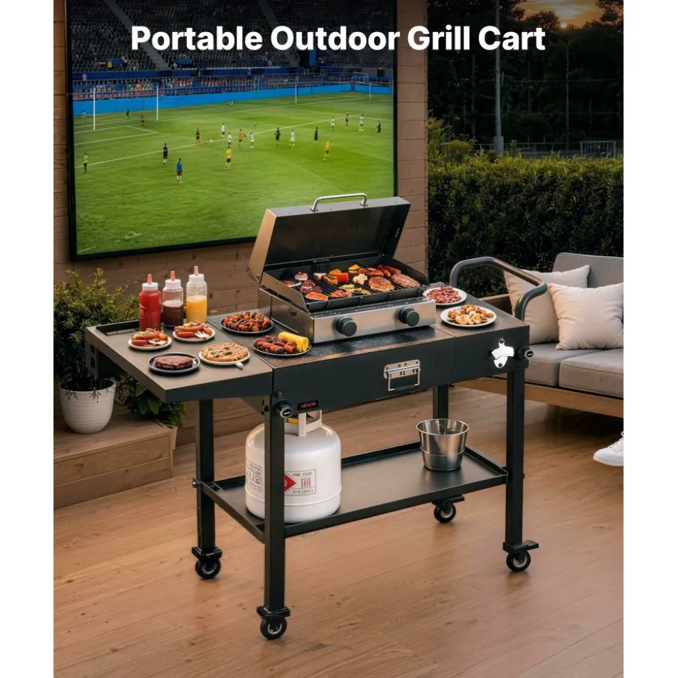 VEVOR Outdoor Grill Cart, 31.0 x 17.0 inch Tabletop Size Grilling Table, Foldable Outdoor Cooking Table with Tissue Holder, Hooks, Wheels, Side Table, BBQ Prep Tables for Picnic, Kitchen, Courtyard